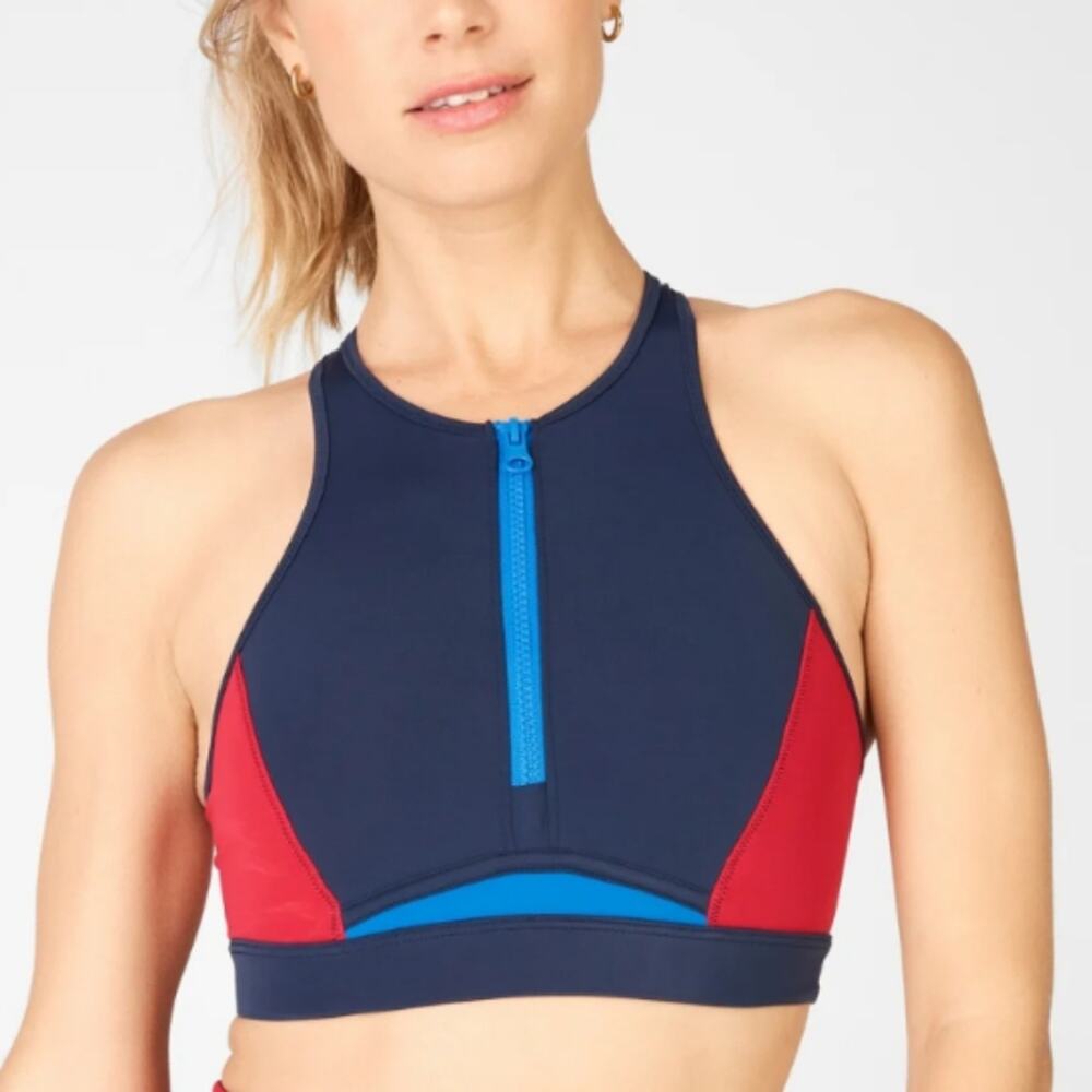 Fabletics Navy and Red Color Lock Front Zip Midi bathing suit top